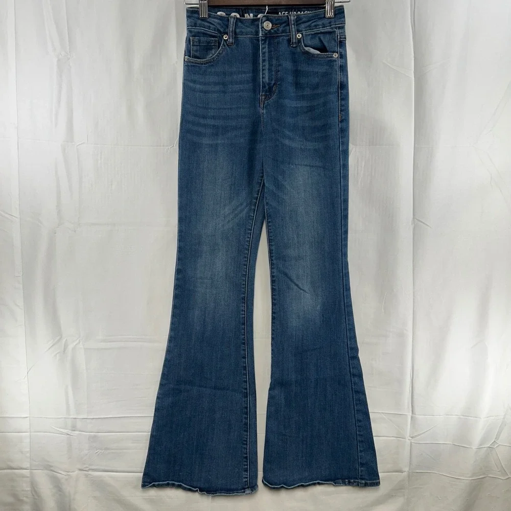 S.O.N.G. Flare Jeans Womens 00/23‎ Blue Lace-Up Back High Rise Fit N Flare